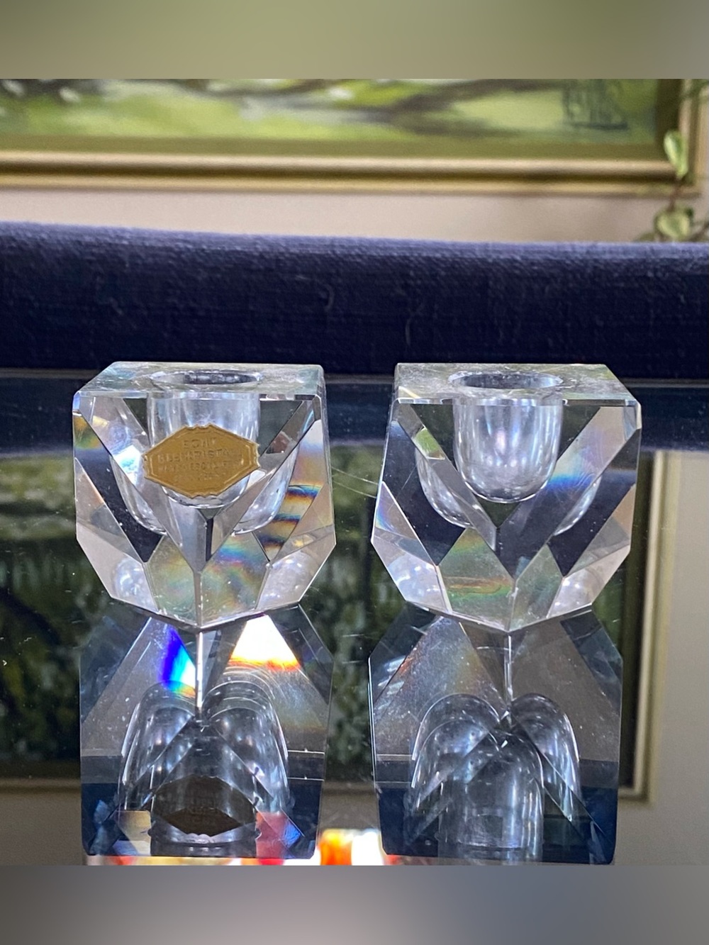 VTG Lead Crystal Faceted German Candlestick Holders Marked Kunsthaus w Stickers